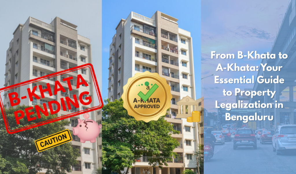 High-rise residential apartment building in Bengaluru showing transition from B-Khata pending to A-Khata approved, highlighting property legalization.