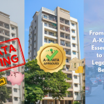High-rise residential apartment building in Bengaluru showing transition from B-Khata pending to A-Khata approved, highlighting property legalization.